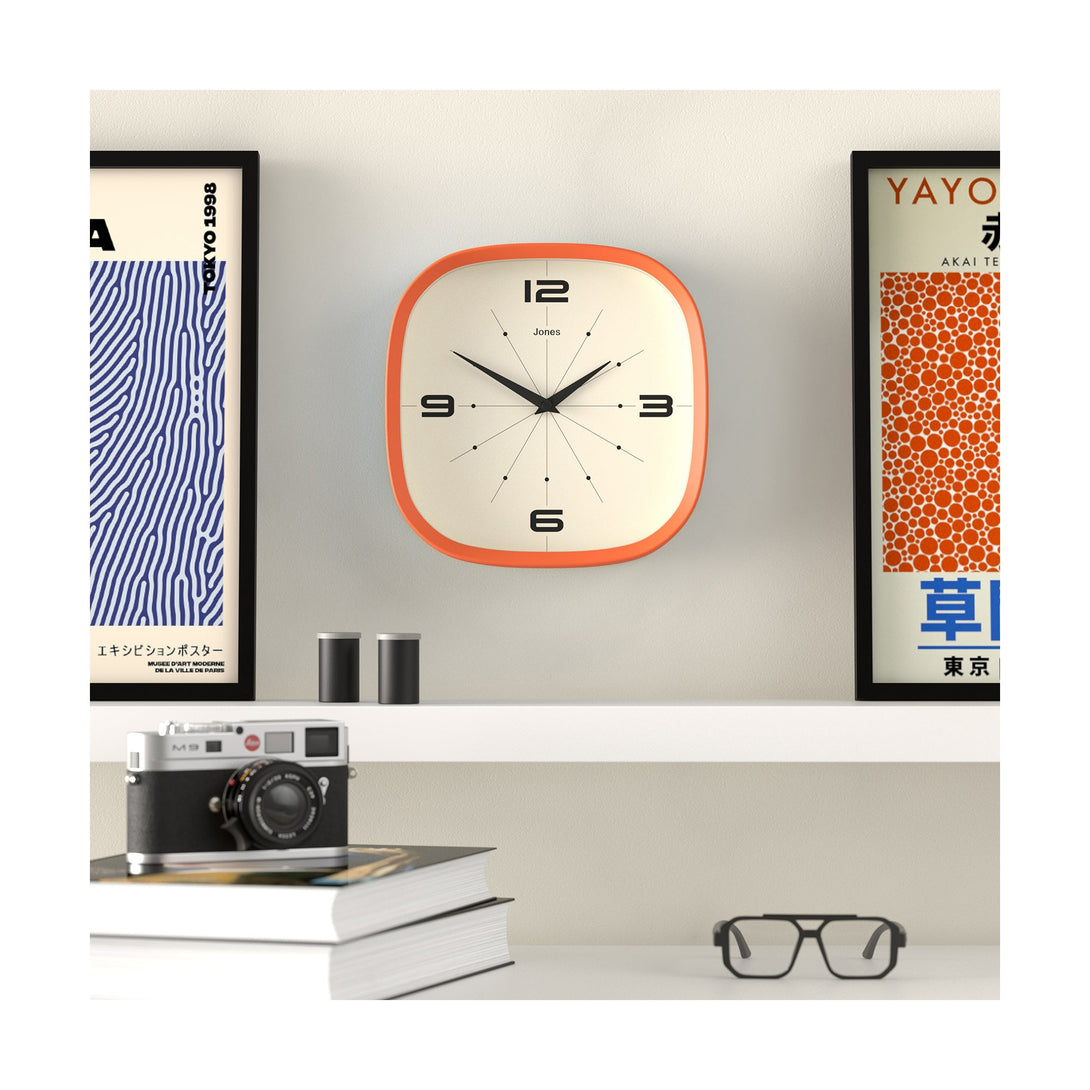 Living room - Pulsar wall clock By Jones Clocks with a rounded square case in Pumpkin Orange. Retro-inspired simplified dial - JSPARV179PO