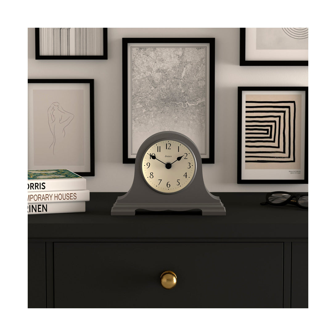 Mantelpiece - Speakeasy mantel clock by Jones Clocks with a classic, pretty case in Blizzard Grey. Complimented by an elegant dial - JSPEA189BGY