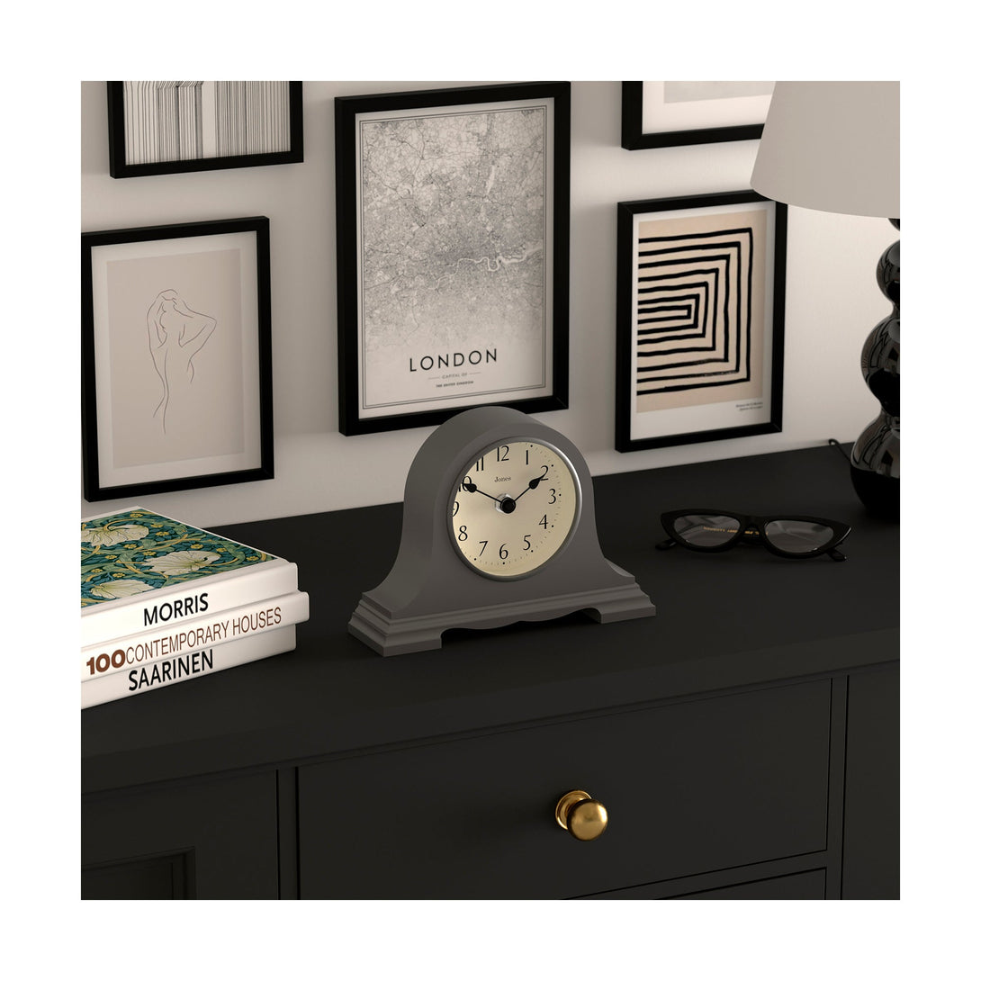 Mantelpiece skew - Speakeasy mantel clock by Jones Clocks with a classic, pretty case in Blizzard Grey. Complimented by an elegant dial - JSPEA189BGY