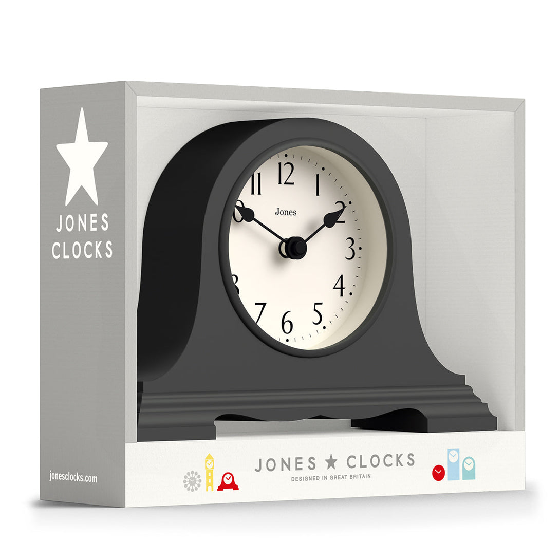 Packaging - Speakeasy mantel clock by Jones Clocks with a classic, pretty case in Blizzard Grey. Complimented by an elegant dial - JSPEA189BGY