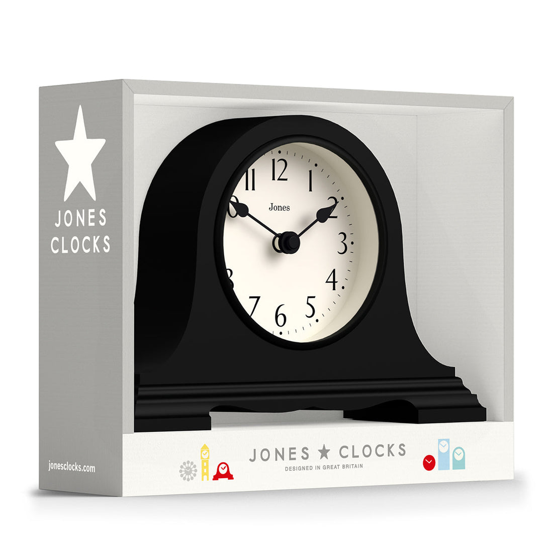 Packaging - Speakeasy mantel clock by Jones Clocks with a classic, pretty case in Black. Complimented by an elegant dial - JSPEA189K