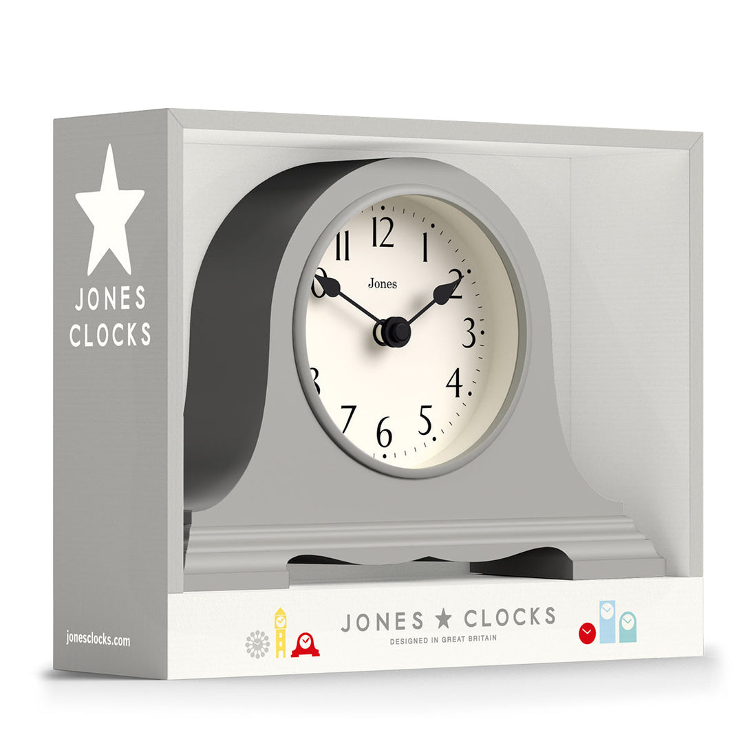 Packaging - Speakeasy mantel clock by Jones Clocks with a classic, pretty case ina light cloud Grey. Complimented by an elegant dial - JSPEA189OGY