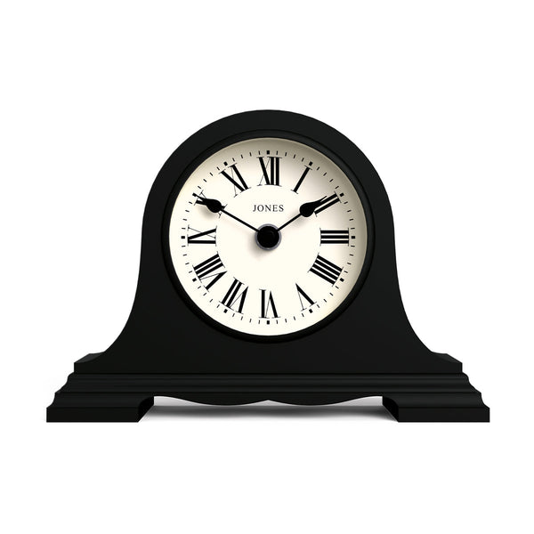 Front - Speakeasy mantel clock by Jones Clocks with a classic, pretty case in black. Complimented by a Roman Numeral dial - JSPEA319K