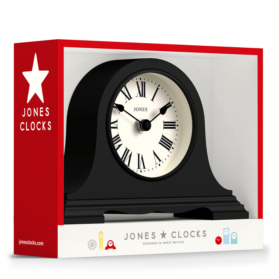 Packaging - Speakeasy mantel clock by Jones Clocks with a classic, pretty case in black. Complimented by a Roman Numeral dial - JSPEA319K
