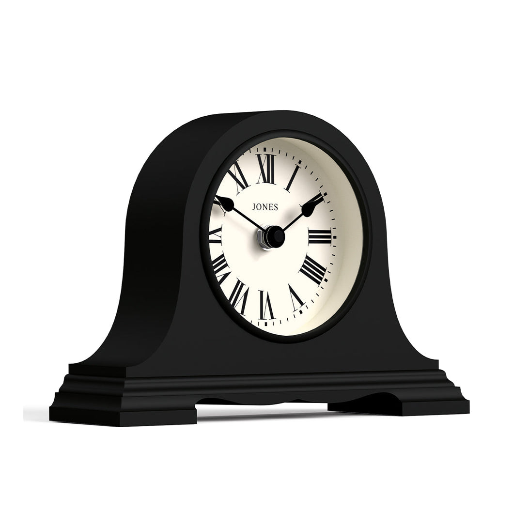 Skew - Speakeasy mantel clock by Jones Clocks with a classic, pretty case in black. Complimented by a Roman Numeral dial - JSPEA319K
