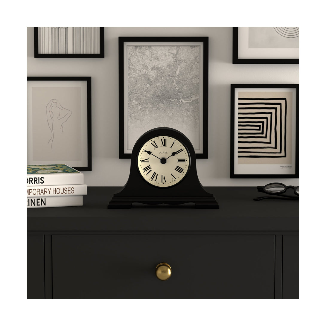 Style shot 1 - Speakeasy mantel clock by Jones Clocks with a classic, pretty case in black. Complimented by a Roman Numeral dial - JSPEA319K