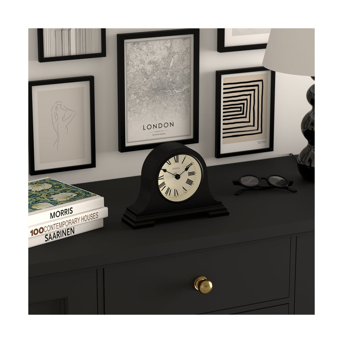Style shot 2 - Speakeasy mantel clock by Jones Clocks with a classic, pretty case in black. Complimented by a Roman Numeral dial - JSPEA319K