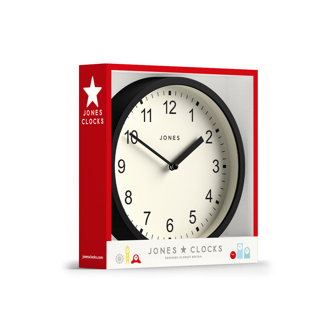 Packaging - Spin modern wall clock by Jones Clocks. A small and minimalistic Black case with a contemporary dial - JSPIN136K