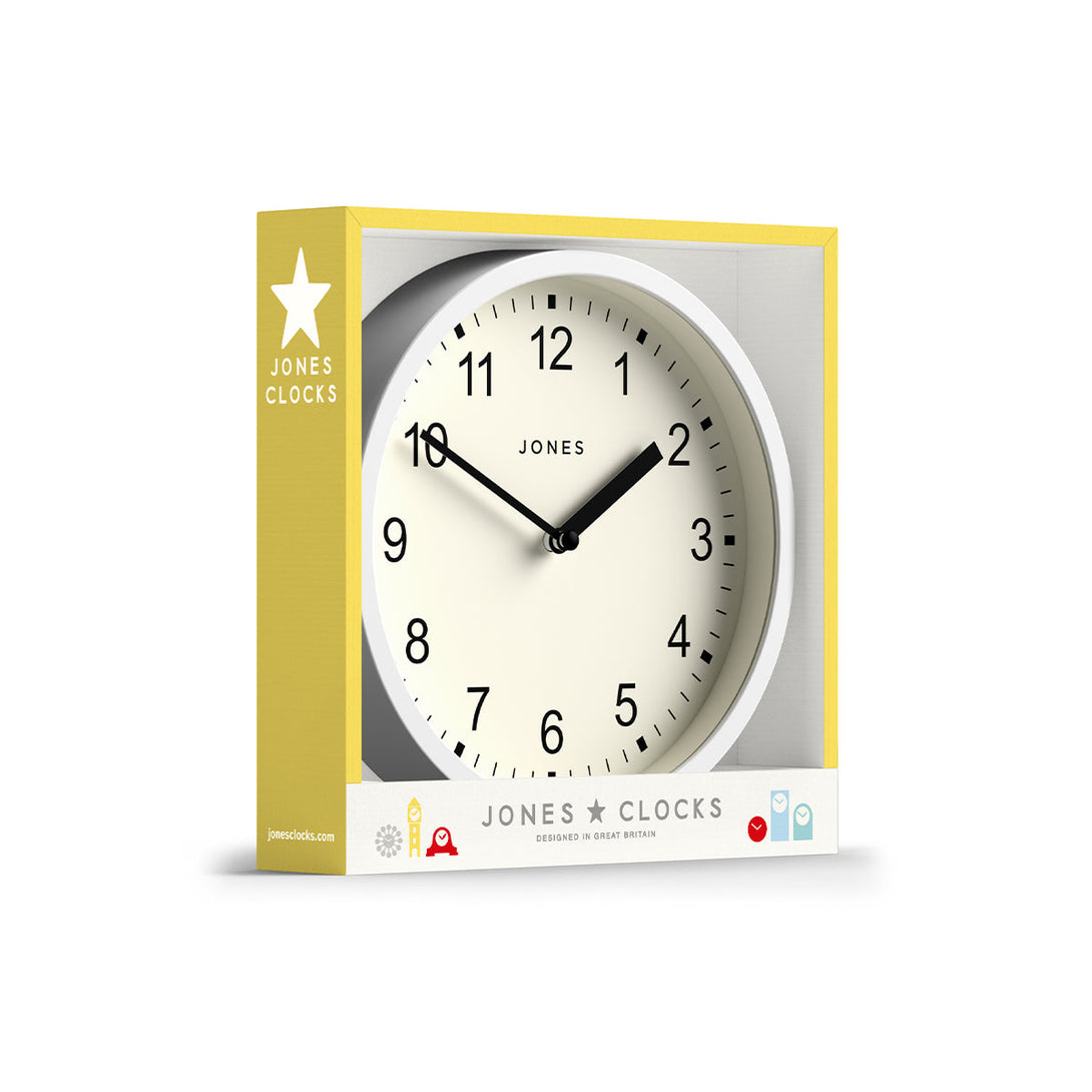 Packaging - Spin modern wall clock by Jones Clocks. A small and minimalistic white case with a contemporary dial - JSPIN136W