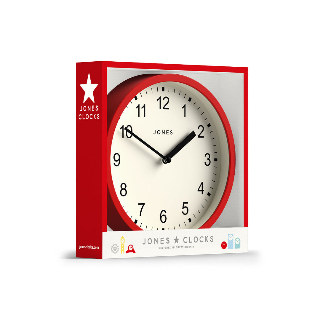 Packaging - Spin modern wall clock by Jones Clocks. A small and minimalistic red case with a contemporary dial - JSPIN136R