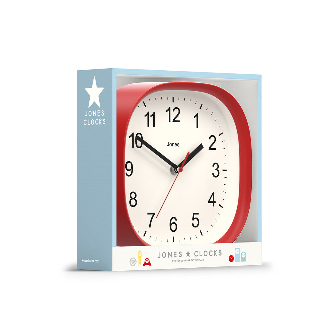 Packaging - Sprite wall clock By Jones Clocks with a rounded square case in red. Clear contemporary Arabic dial - JSPARV104R