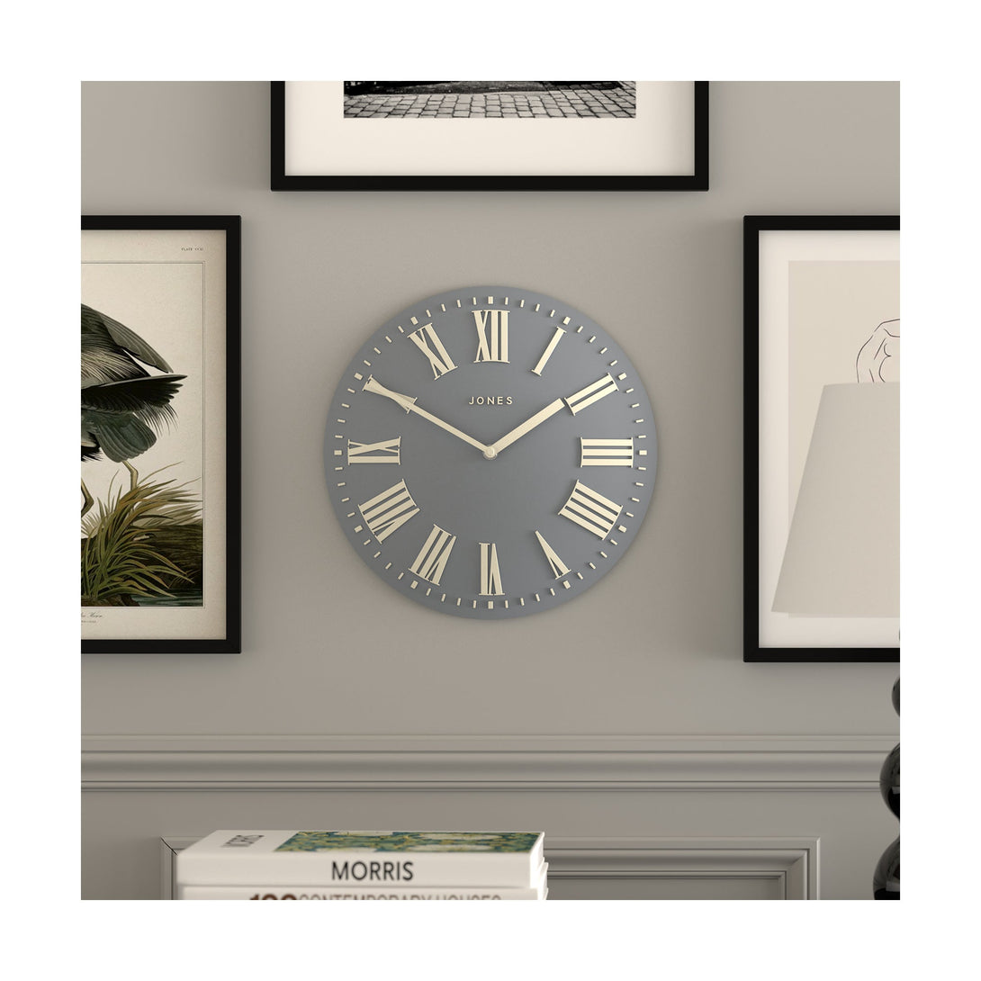 Living room - Strand convex wall clock by Jones Clocks. Prominent white Roman duals on a medium blue grey background, offering a modern look - JSTRFNLW30