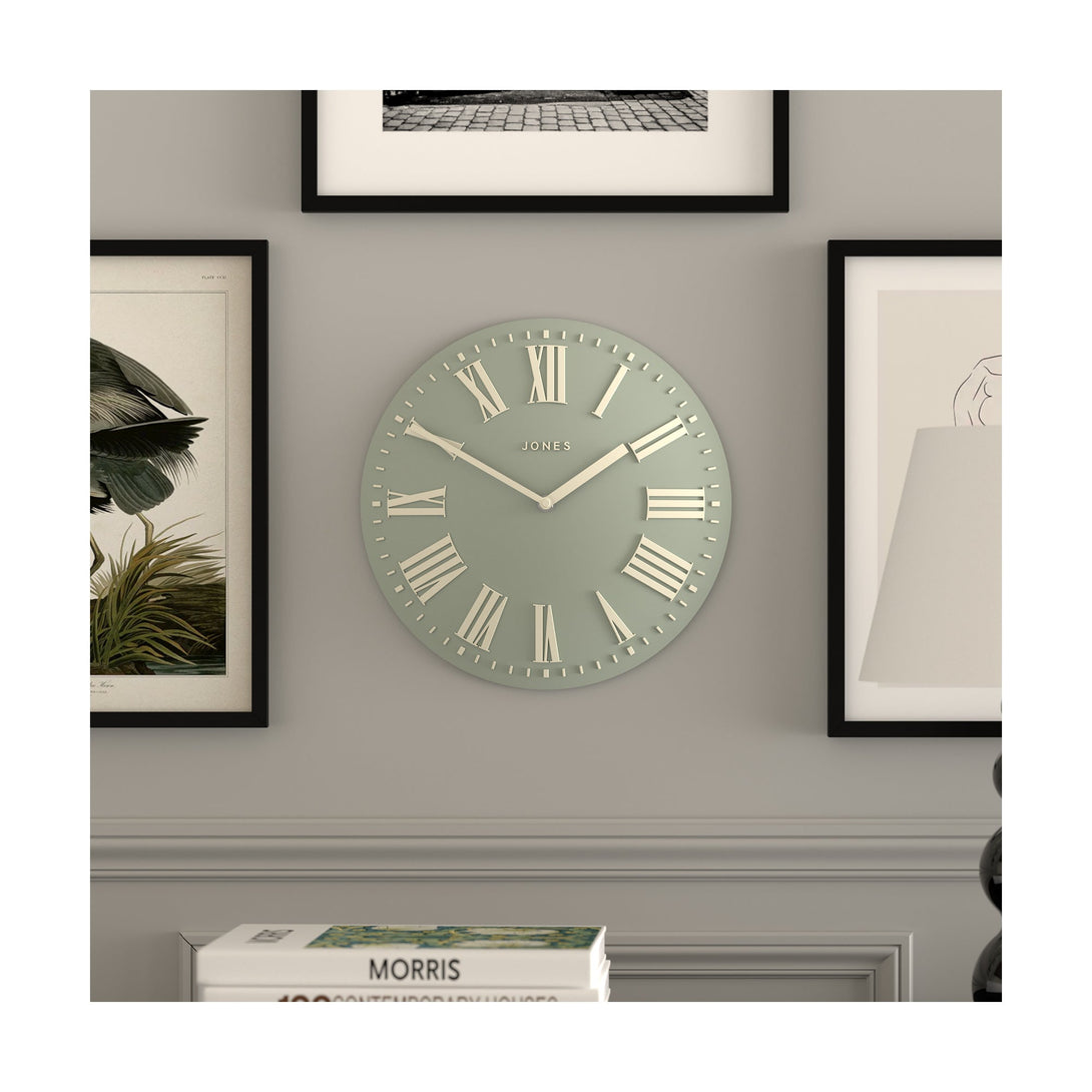 Living room - Strand convex wall clock by Jones Clocks. Prominent white Roman duals on a sage green background, offering a modern look - JSTRSGLW30