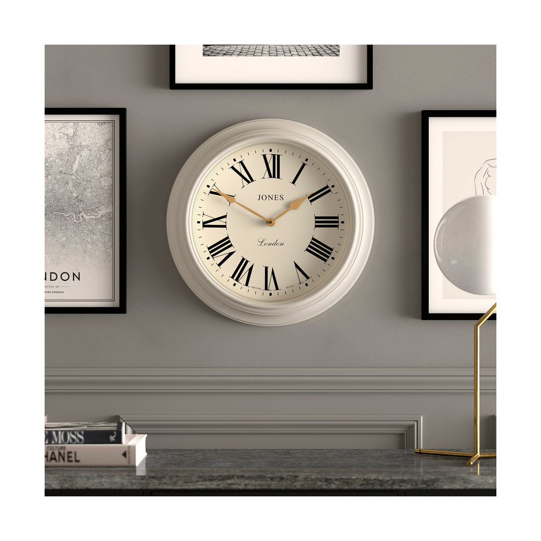 Gallery wall - Large Supper Club wall clock by Jones Clocks. A classic powder grey case with a Roman Numeral dial and 'gold effect' spade hands - JSUP319LGYII