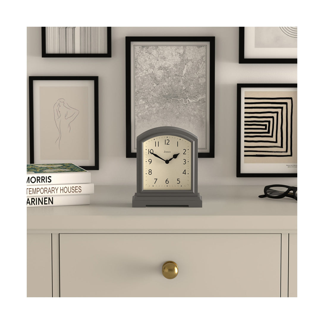 Style shot - Tavern mantel clock by Jones Clocks. A classic blizzard grey case with an Arabic Numeral dial and black spade hands - JTAV243BGY