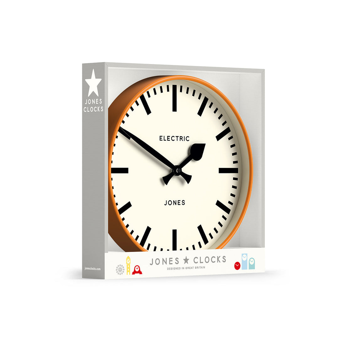 Packaging - Tiger wall clock by Jones Clocks. A contemporary 'fizzy' orange case paired with a bold black railway dial and spade / baton black hands - JTIG38FO