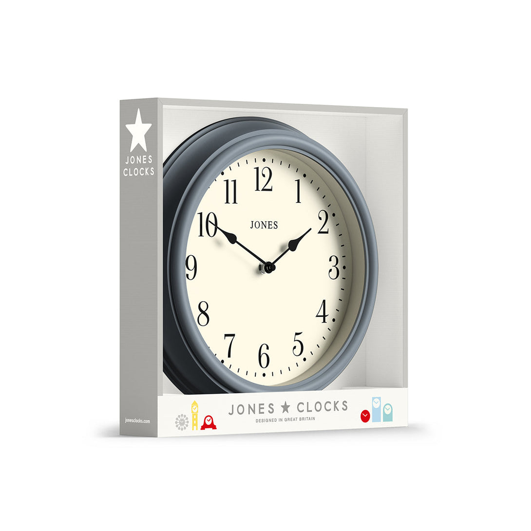 Packaging - Venetian wall clock by Jones Clocks. An Arabic dial with traditional spade hands, inside a decorative blue-grey 'French Navy' case - JVEN120FN