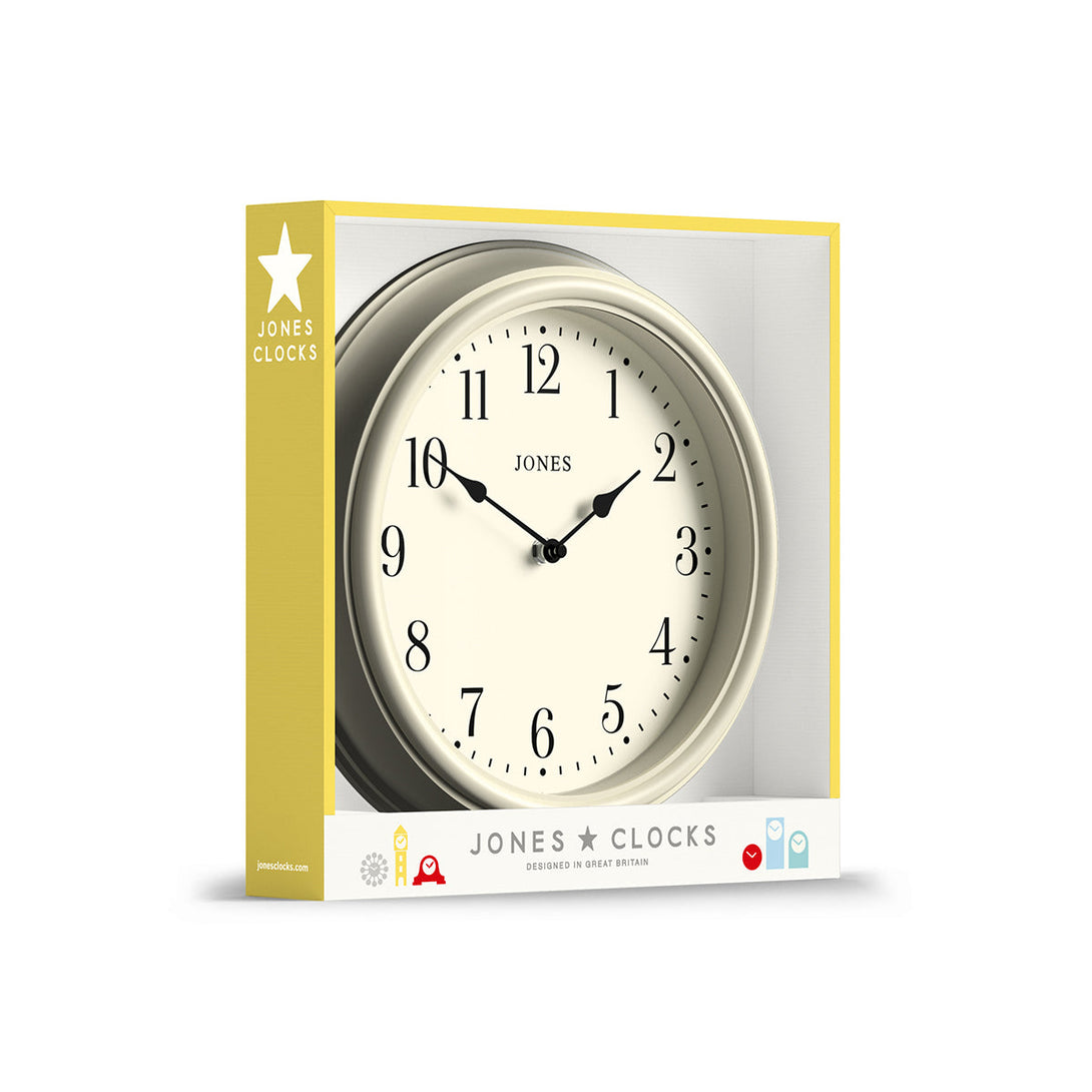 Packaging - Venetian wall clock by Jones Clocks. An Arabic dial with traditional spade hands, inside a decorative cream 'Linen White' case - JVEN120LW