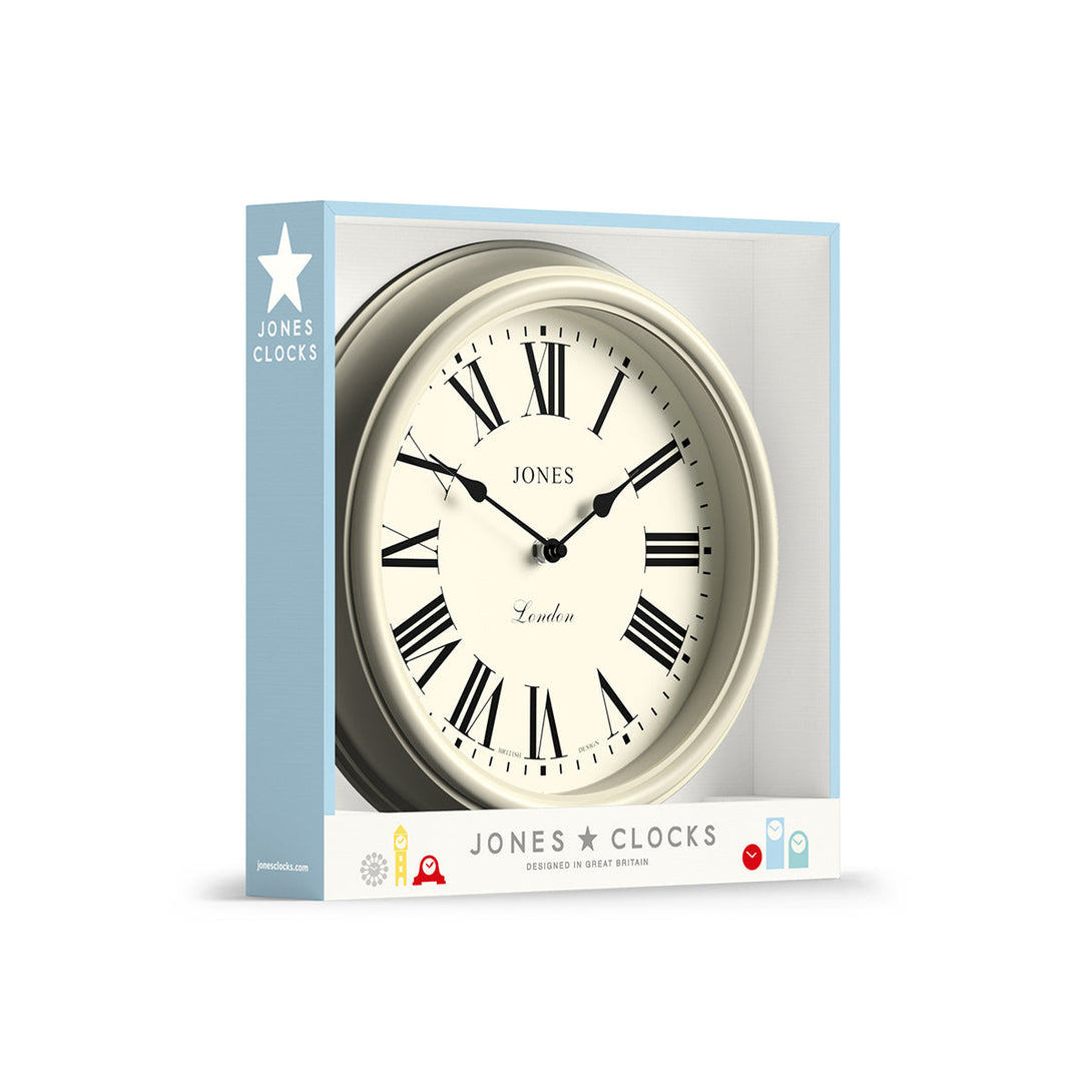Packaging - Venetian wall clock by Jones Clocks. A classic Roman numeral dial with traditional spade hands, inside a decorative cream case - JVEN319LW