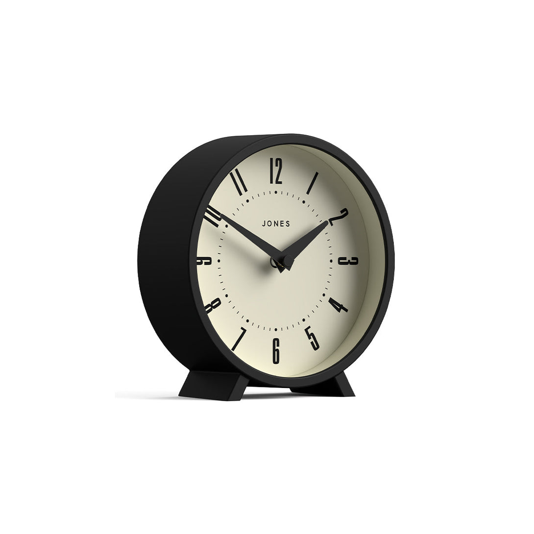 Skew - Venus mantel clock by Jones Clocks. A contemporary mantel or desk clock in a black case with triangulation hands, with a retro Arabic dial - JVNU214K