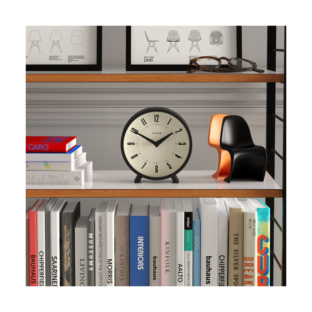 Shelving - Venus mantel clock by Jones Clocks. A contemporary mantel or desk clock in a black case with triangulation hands, with a retro Arabic dial - JVNU214K