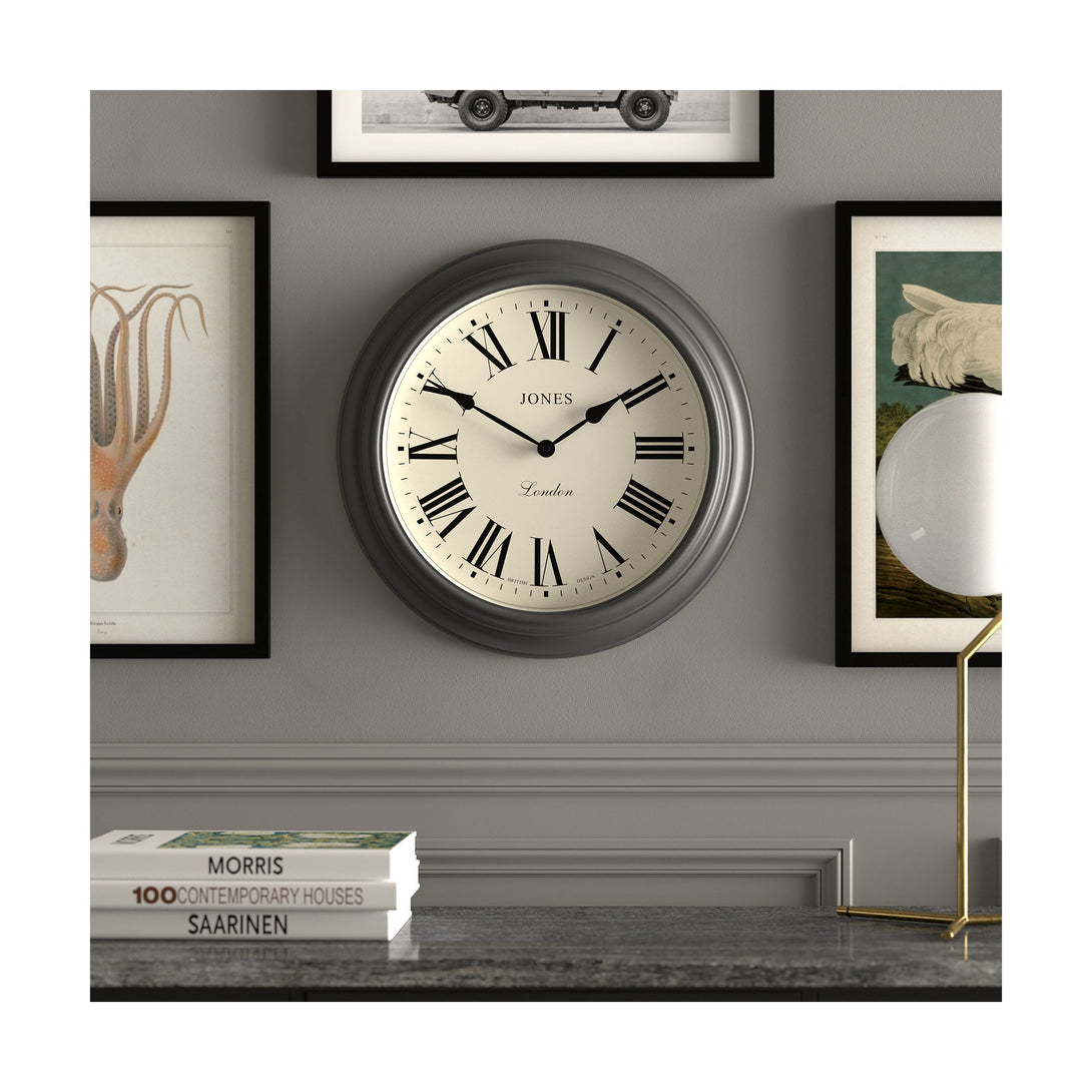 Gallery wall - Large Supper Club wall clock by Jones Clocks. A classic Dark Grey case with a Roman Numeral dial and black spade hands - JSUP319GGY