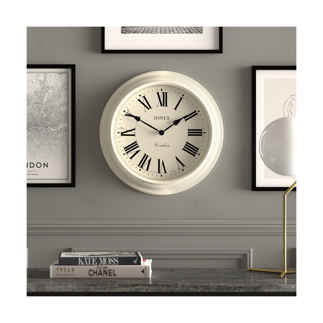 Gallery wall - Large Supper Club wall clock by Jones Clocks. A classic cream case with a Roman Numeral dial and black spade hands - JSUP319LW