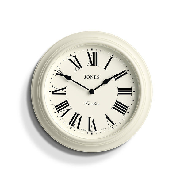 Front - Large Supper Club wall clock by Jones Clocks. A classic cream case with a Roman Numeral dial and black spade hands - JSUP319LW