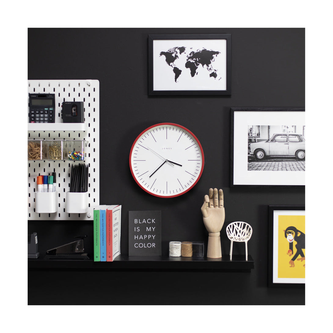 Gallery wall - Spartacus wall clock by Jones Clocks in bright red with a minimalist marker dial - JSPAR102ER