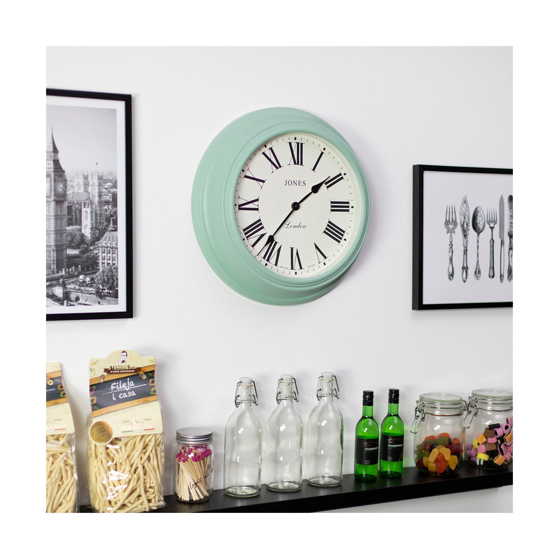 Cocktail wall clock by Jones Clocks in 'Duck Egg' green with a Roman Numeral dial - JCOCKT319DE