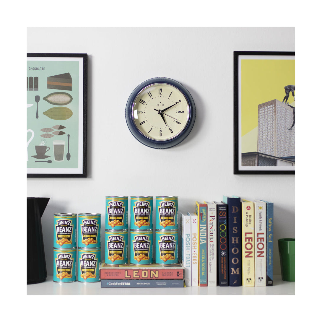 Ketchup retro wall clock by Jones Clocks in indigo blue with vintage-influenced dial, hanging on a kitchen wall - JKETC214IBL