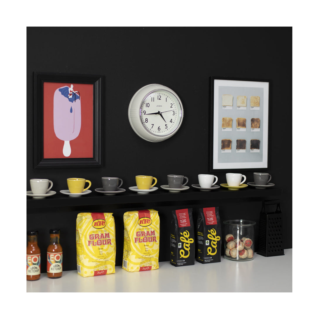 Ketchup retro wall clock by Jones Clocks in powder grey with vintage-influenced dial, in a kitchen setting - JKETC223LGY