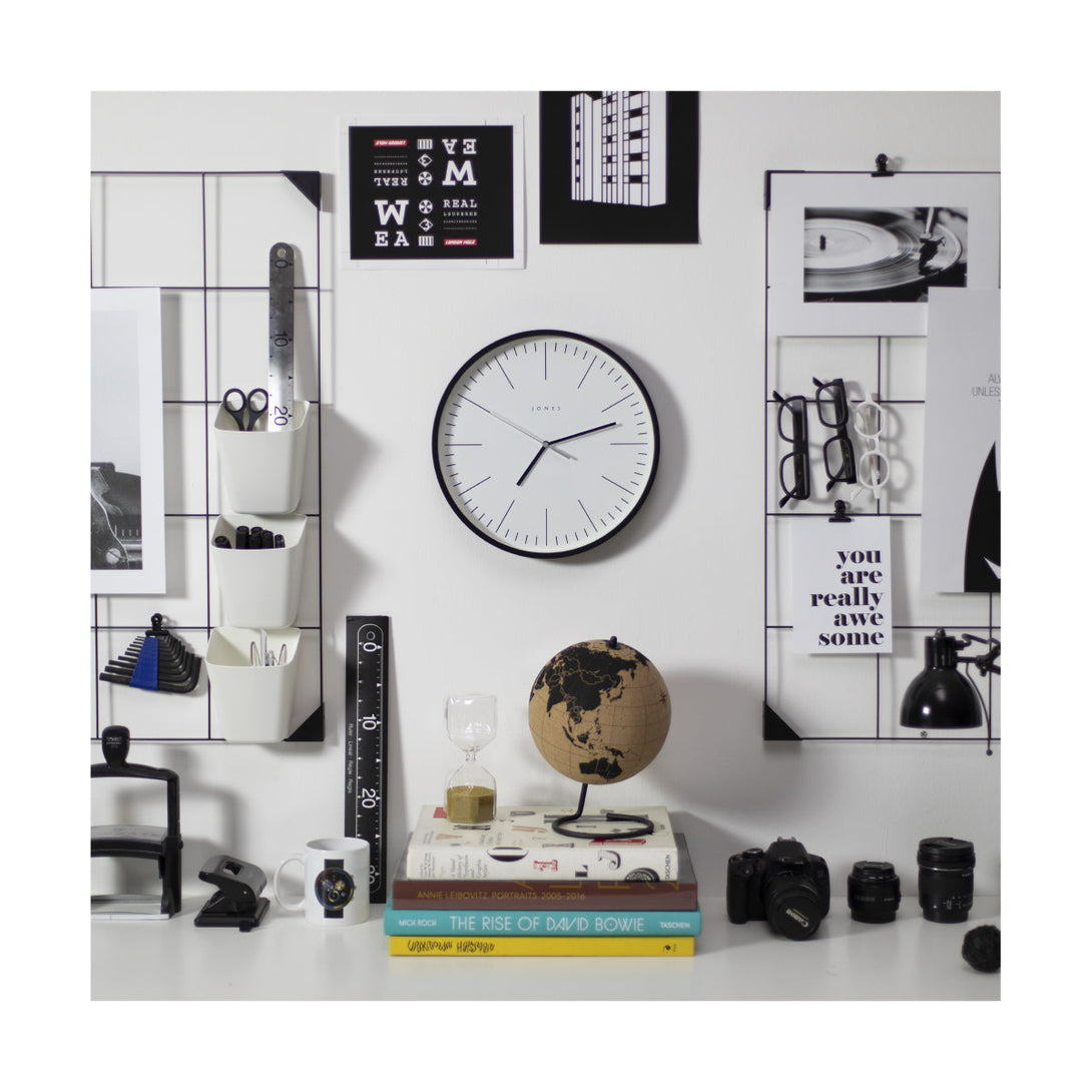 Office wall - Spartacus wall clock by Jones Clocks in black with a minimalist marker dial - JSPAR102K