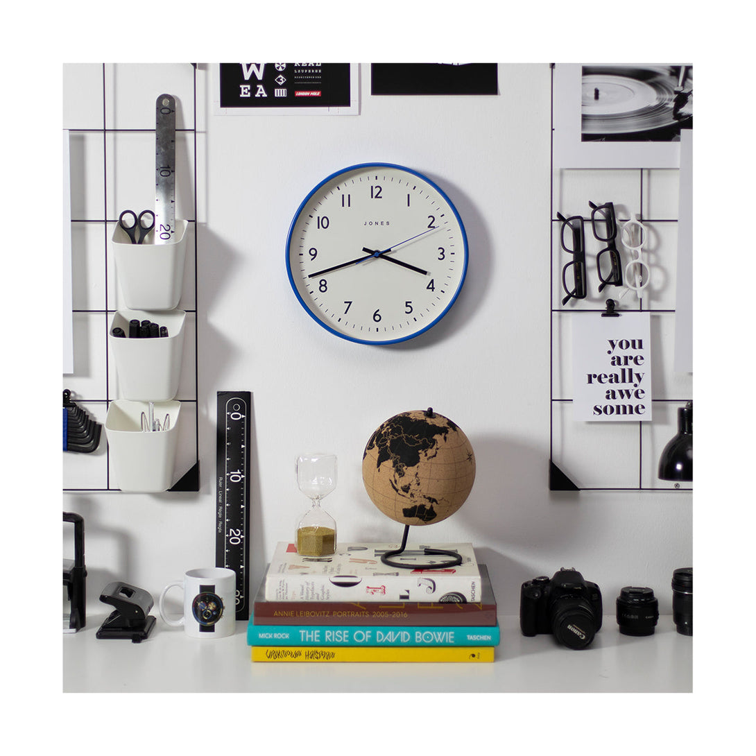 Office - Jam wall clock by Jones Clocks in blue with an easy-to-read and minimalistic dial - JPEN52PGY