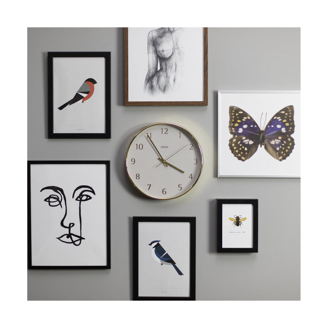 Gallery wall -Penny wall clock by Jones Clocks in a gold effect case with a contemporary gold foil and grey dial - JPEN721PB