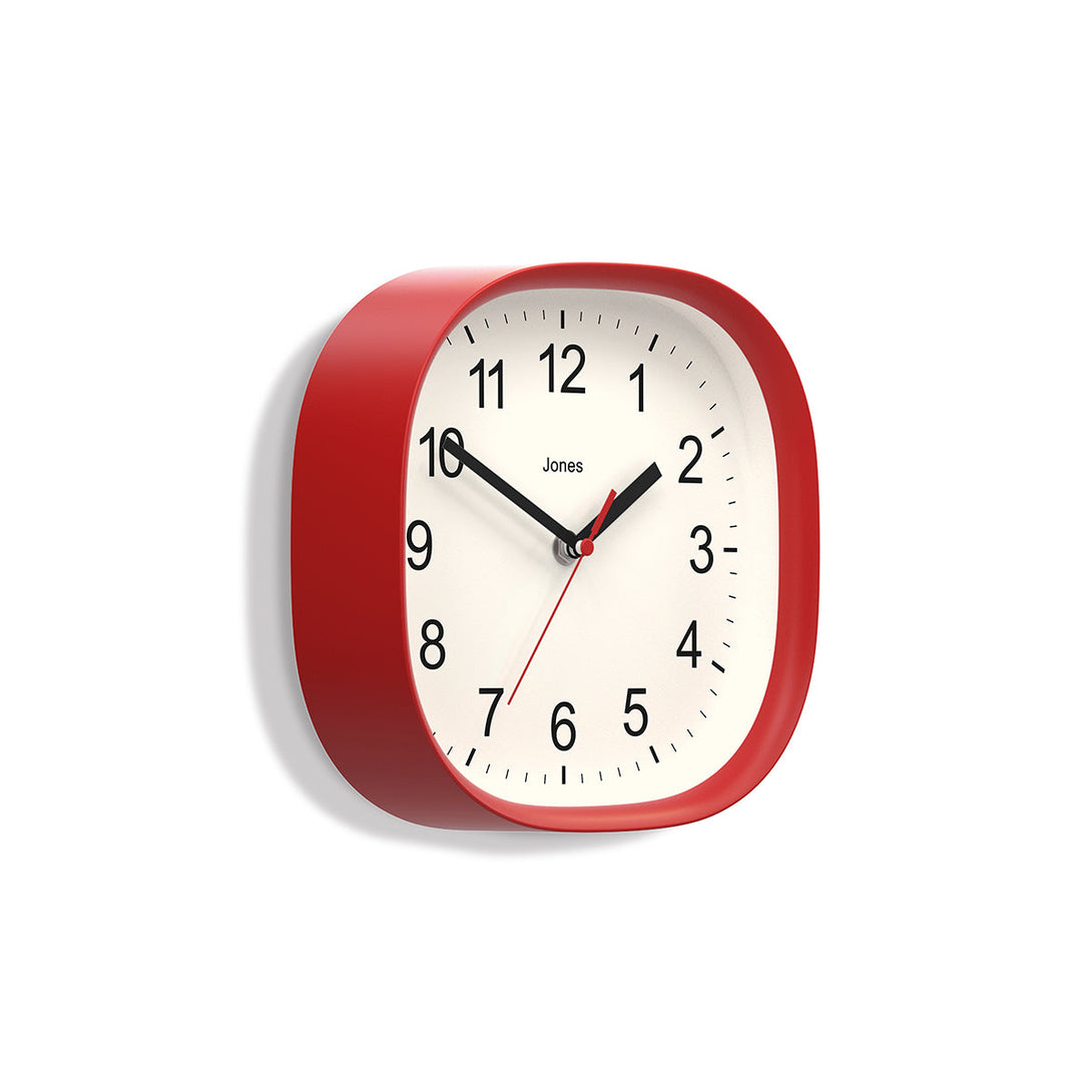 Skew - Sprite wall clock By Jones Clocks with a rounded square case in red. Clear contemporary Arabic dial - JSPARV104R
