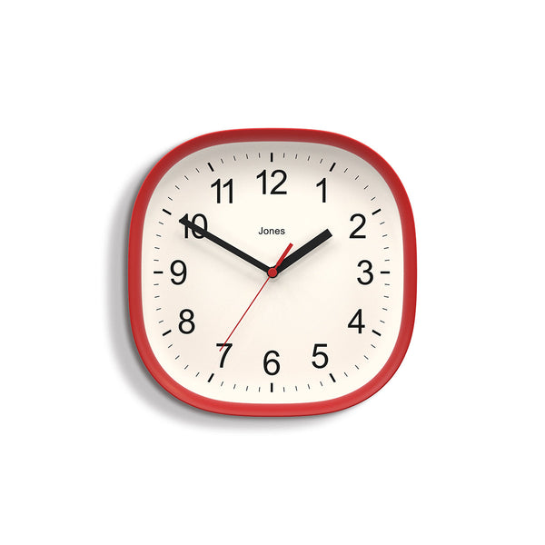 Front - Sprite wall clock By Jones Clocks with a rounded square case in red. Clear contemporary Arabic dial - JSPARV104R