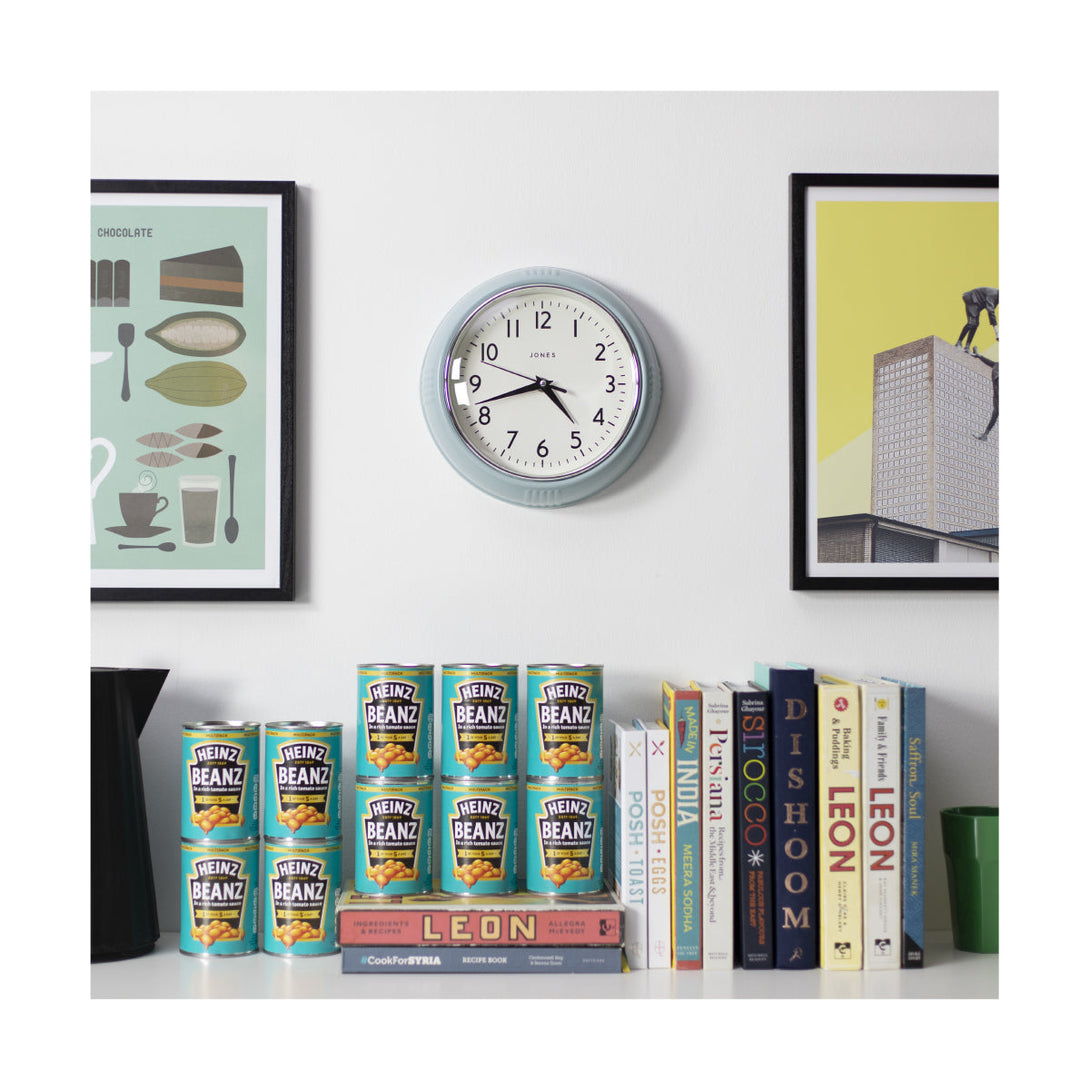 Ketchup retro wall clock by Jones Clocks in pale blue with vintage-influenced dial, in a kitchen setting - JKETC223CBL