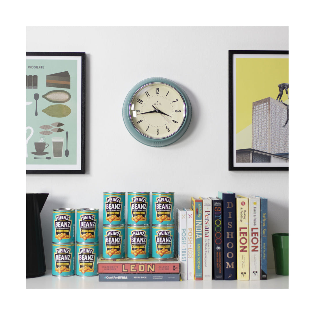 Ketchup retro wall clock by Jones Clocks in teal with vintage-influenced dial, in a kitchen setting - JKETC214TE