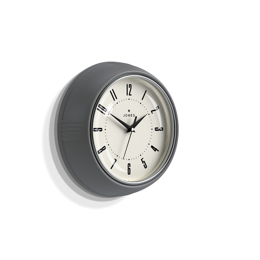 Side view - Ketchup retro wall clock by Jones Clocks in grey with vintage-influenced dial - JKETC214CGY
