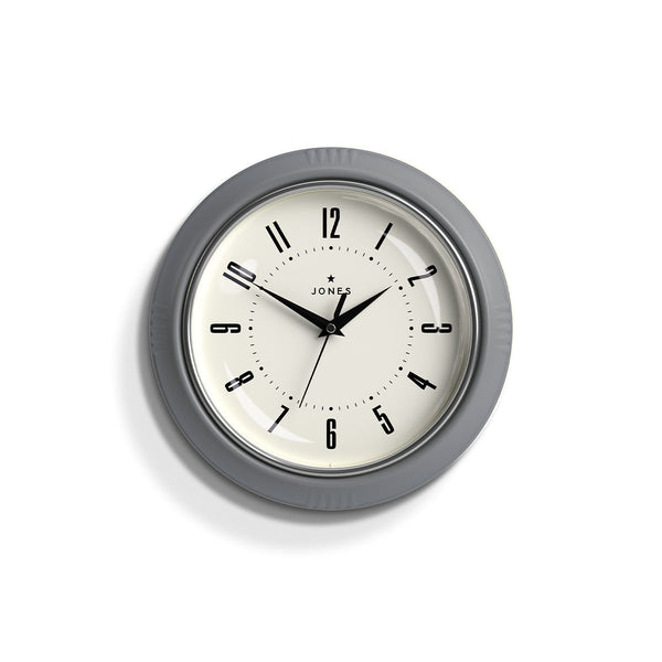 Front view - Ketchup retro wall clock by Jones Clocks in grey with vintage-influenced dial - JKETC214CGY