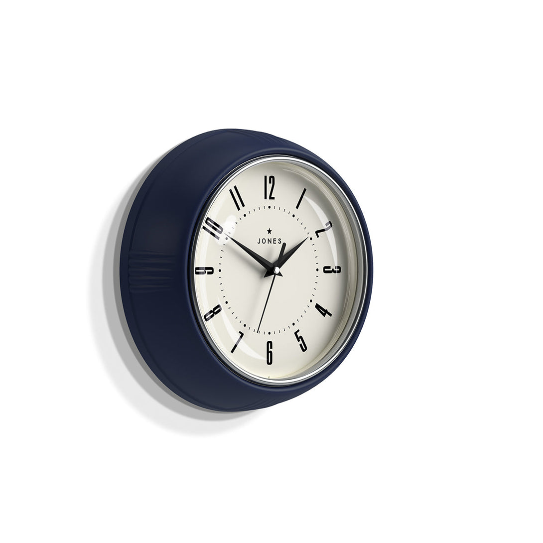 Side view - Ketchup retro wall clock by Jones Clocks in indigo blue with vintage-influenced dial - JKETC214IBL