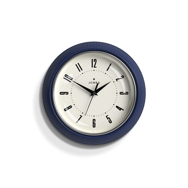Front view - Ketchup retro wall clock by Jones Clocks in indigo blue with vintage-influenced dial - JKETC214IBL