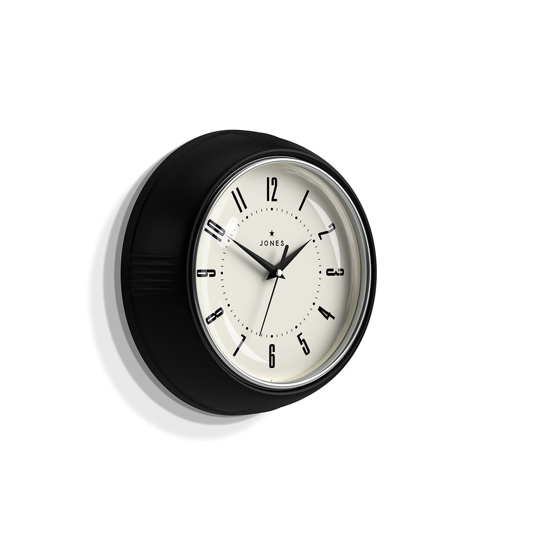 Side veiw - Ketchup retro wall clock by Jones Clocks in black with vintage-influenced dial - JKETC214K