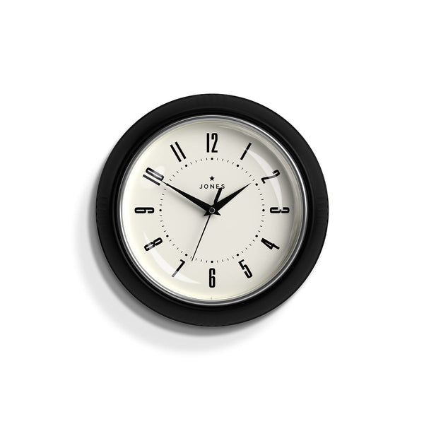 Front view - Ketchup retro wall clock by Jones Clocks in black with vintage-influenced dial - JKETC214K