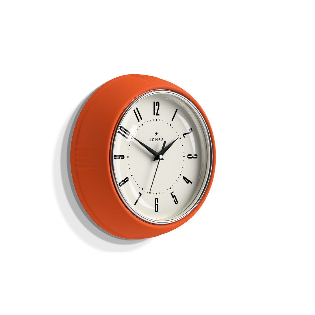 Side view - Ketchup retro wall clock by Jones Clocks in pumpkin orange with vintage-influenced dial - JKETC214PO