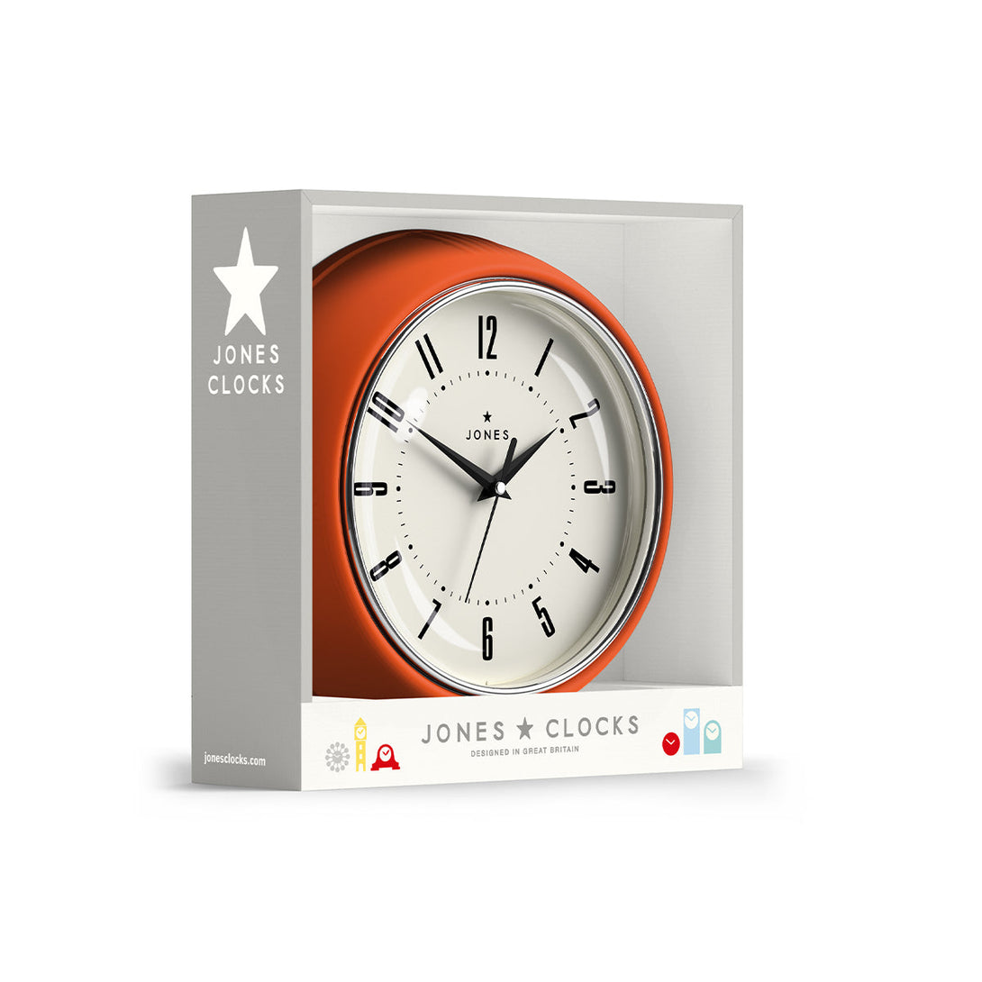 Ketchup retro wall clock by Jones Clocks in pumpkin orange with vintage-influenced dial, in packaging - JKETC214PO