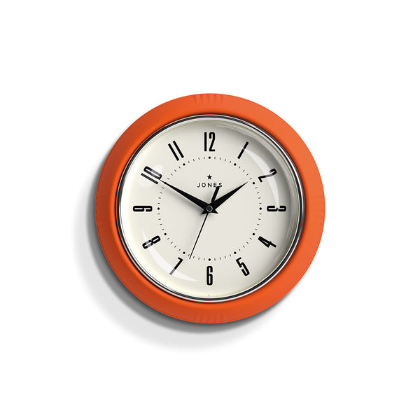 Front view - Ketchup retro wall clock by Jones Clocks in pumpkin orange with vintage-influenced dial - JKETC214PO