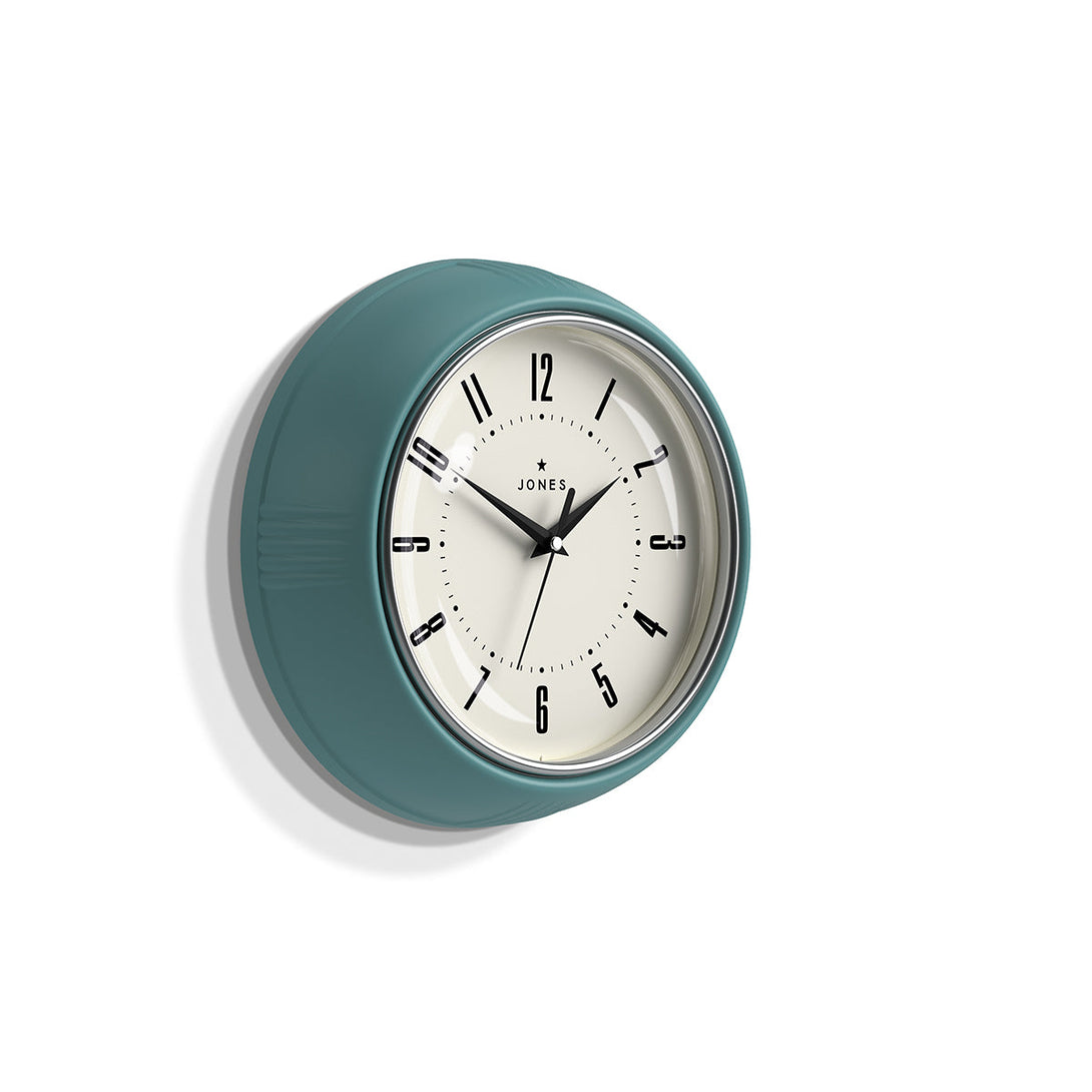 Side view - Ketchup retro wall clock by Jones Clocks in teal with vintage-influenced dial - JKETC214TE
