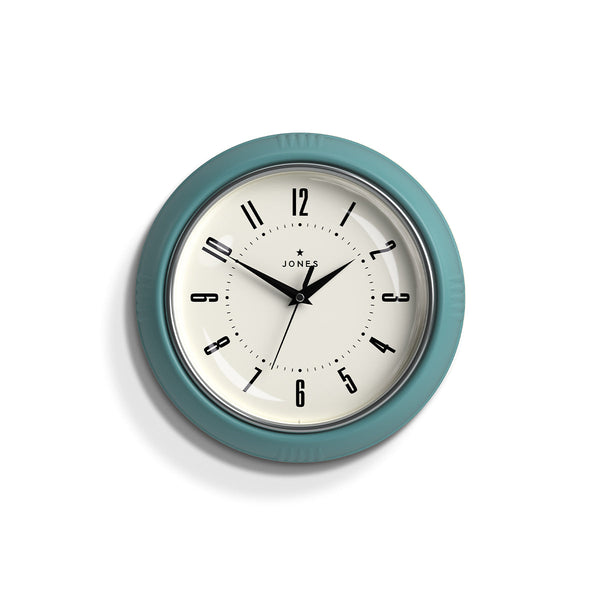 Front view - Ketchup retro wall clock by Jones Clocks in teal with vintage-influenced dial - JKETC214TE